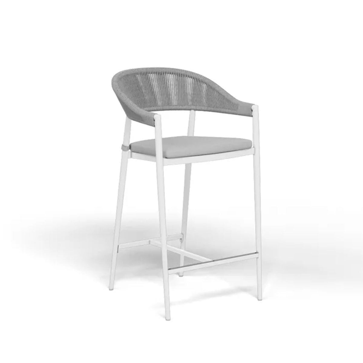 Restaurant and café chair made of powder-coated iron, tightly woven with dark gray ropes and waterproof fabric resistant to weather conditions