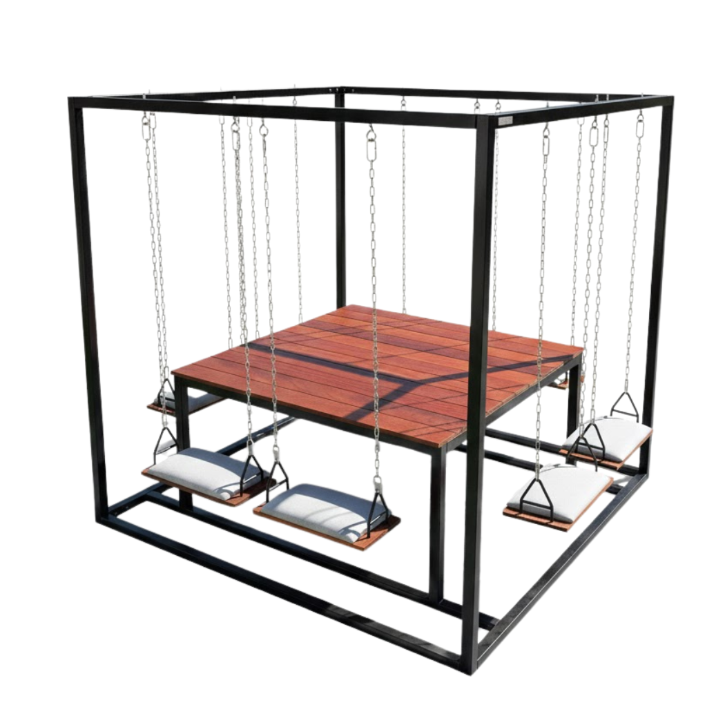 Outdoor table swing with beech wood and sturdy black iron frame – practical elegant design