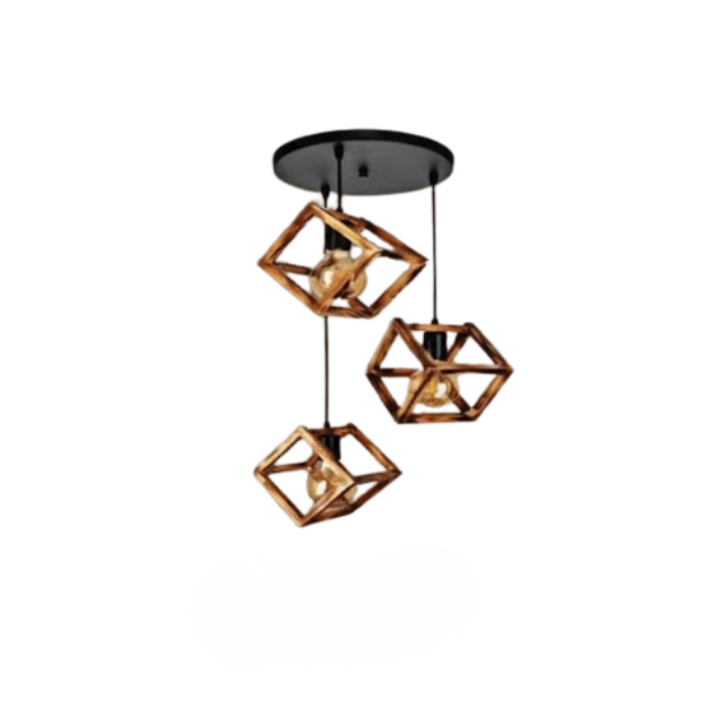 Triple Natural Wood Ceiling Pendant with Transparent Insulating Paint – Burnt Wood Style – Model SKN-029 from Oscar Furniture