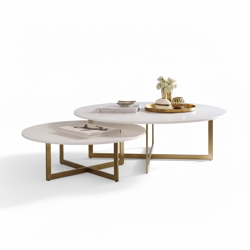 Set of steel coated coffee tables – luxurious Carrara marble top – modern round design – model ZSL-049