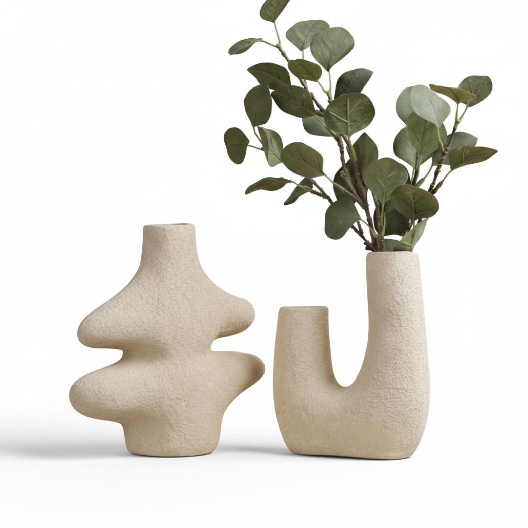 Set of 2 Beige Ceramic Vases for Calm Decor KHK-007