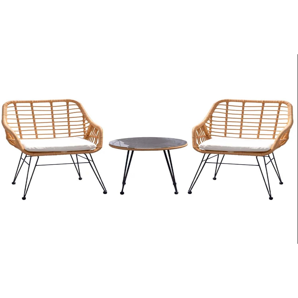 Set of 2 Rattan Chairs and Table in Black with Off-White Fabric – Modern Design for Home and Garden