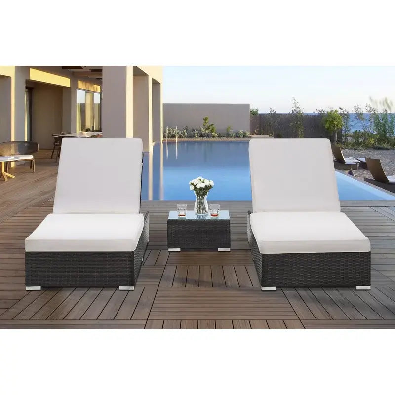 Set of 2 Pure Rattan Adjustable Chaise Lounges + Table – Waterproof – OS-Rt-0202