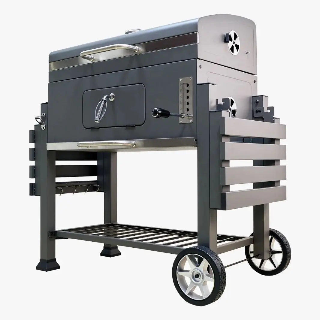 Jumbo charcoal grill with side shelves - perfect for outdoor family gatherings