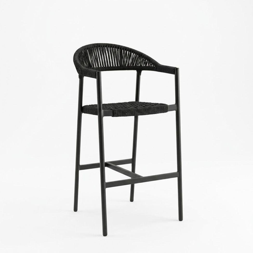 Restaurant and café chair made of wrought iron with dark gray ropes and weather-resistant waterproof fabric