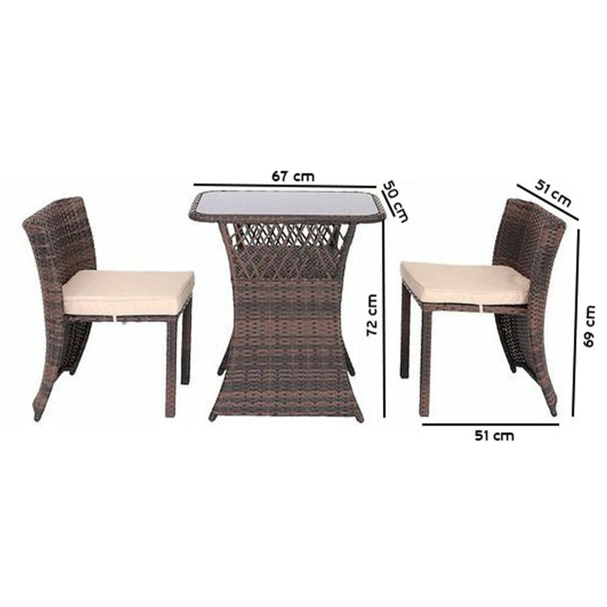 Rattan bridge set of 2 chairs and a table, brown