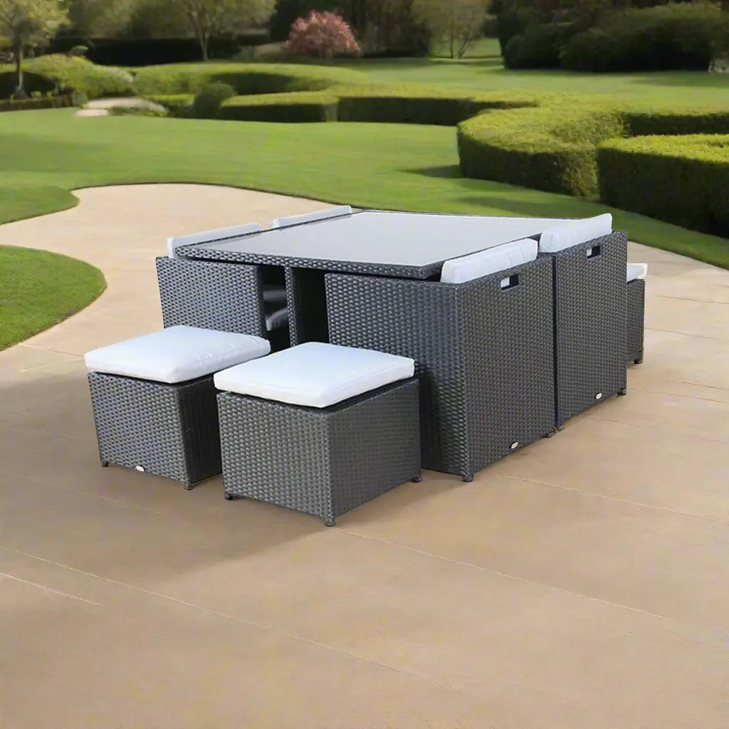 Rattan dining set with buffet, 4 chairs, and table | Elegant and comfortable outdoor set with a modern design