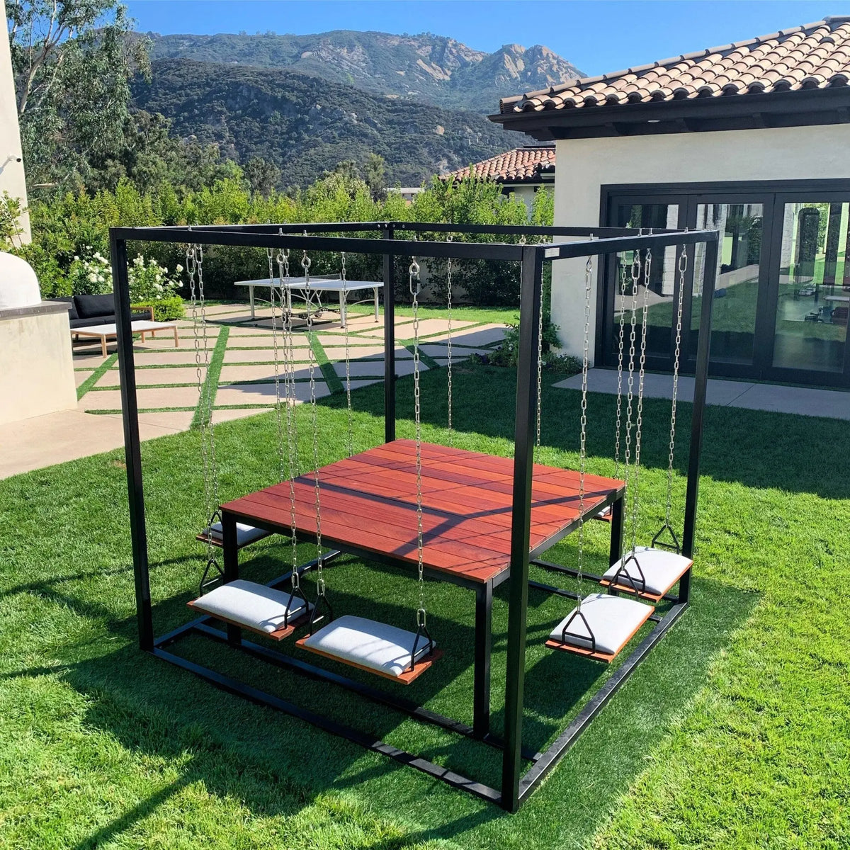 Outdoor table swing with beech wood and sturdy black iron frame – practical elegant design