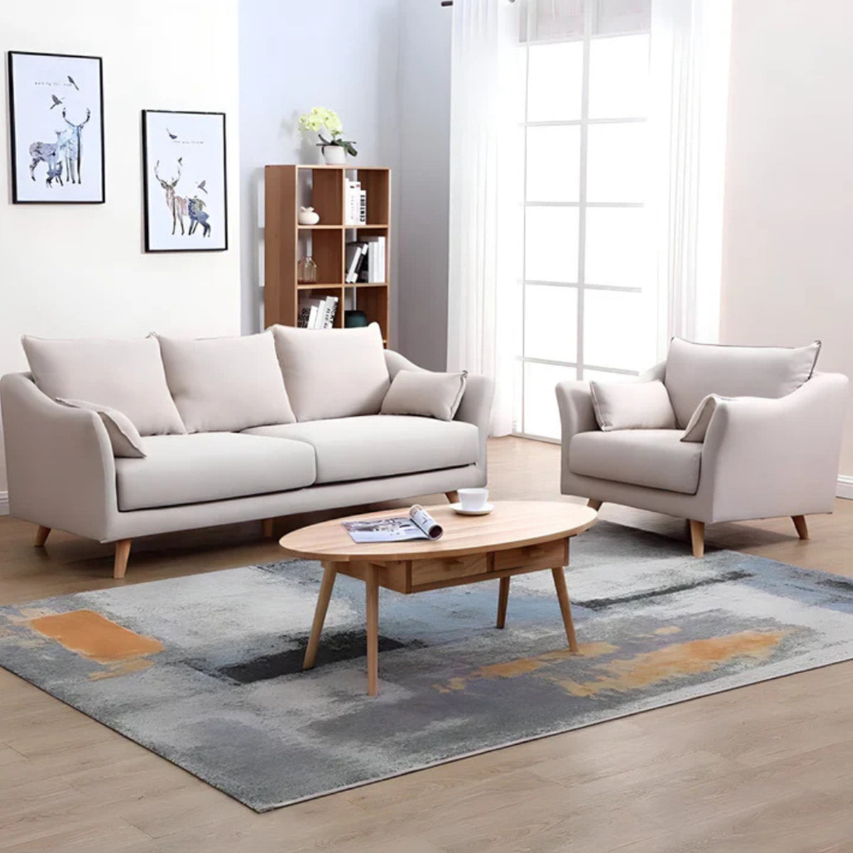 Beech wood sofa set - velor fabric - ENT-037