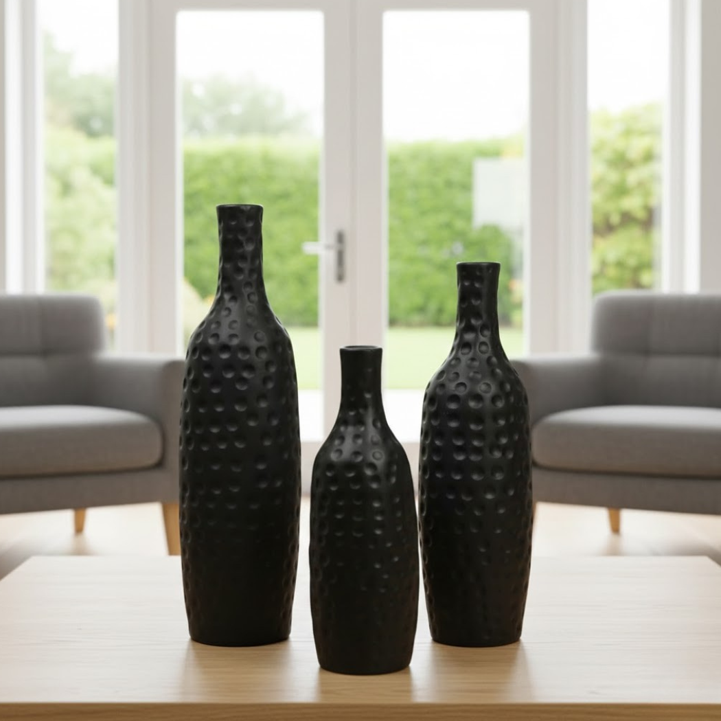 Set of 3 Black Tall Ceramic Vases for Luxury Decor KHK-050