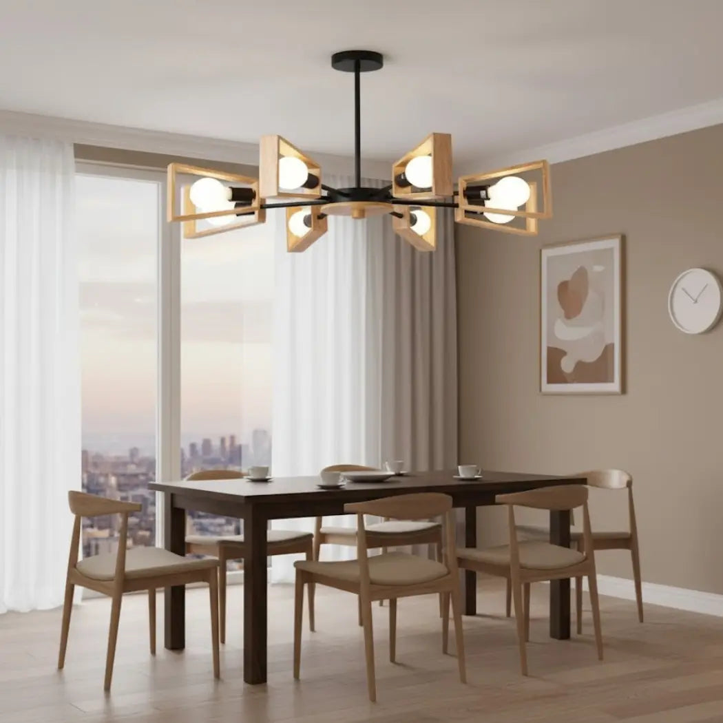 Natural Wood and Metal Chandelier with Transparent Insulating Paint – Electrostatic Rust-Resistant Coating – Model SKN-030 from Oscar Furniture