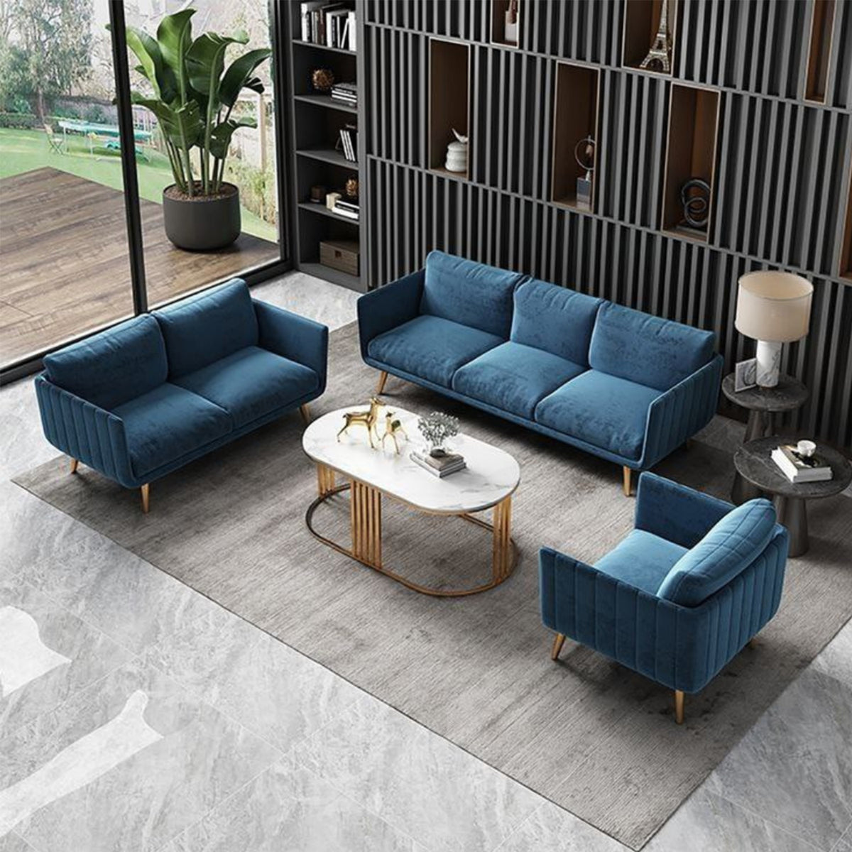 Beech wood sofa set - velor fabric - ENT-040