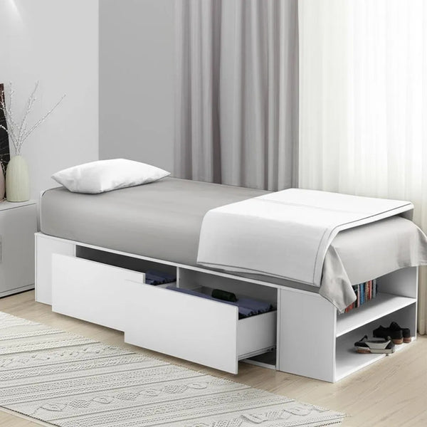 High-quality MDF wood bed – white color – equipped with a shelf and two drawers – includes mattress – model WAF-173