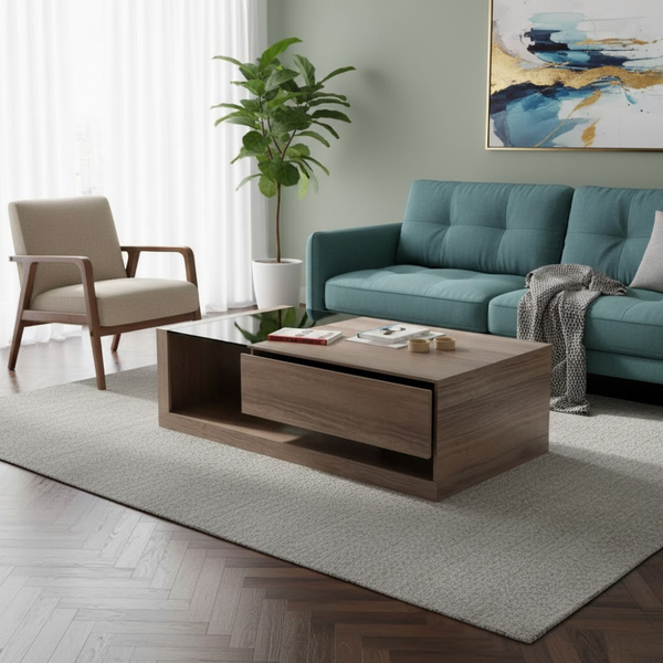 ترابيزة قهوة مودرن KBA-004 من خشب MDF – تصميم مستطيل أنيق مع درج تخزين عملي