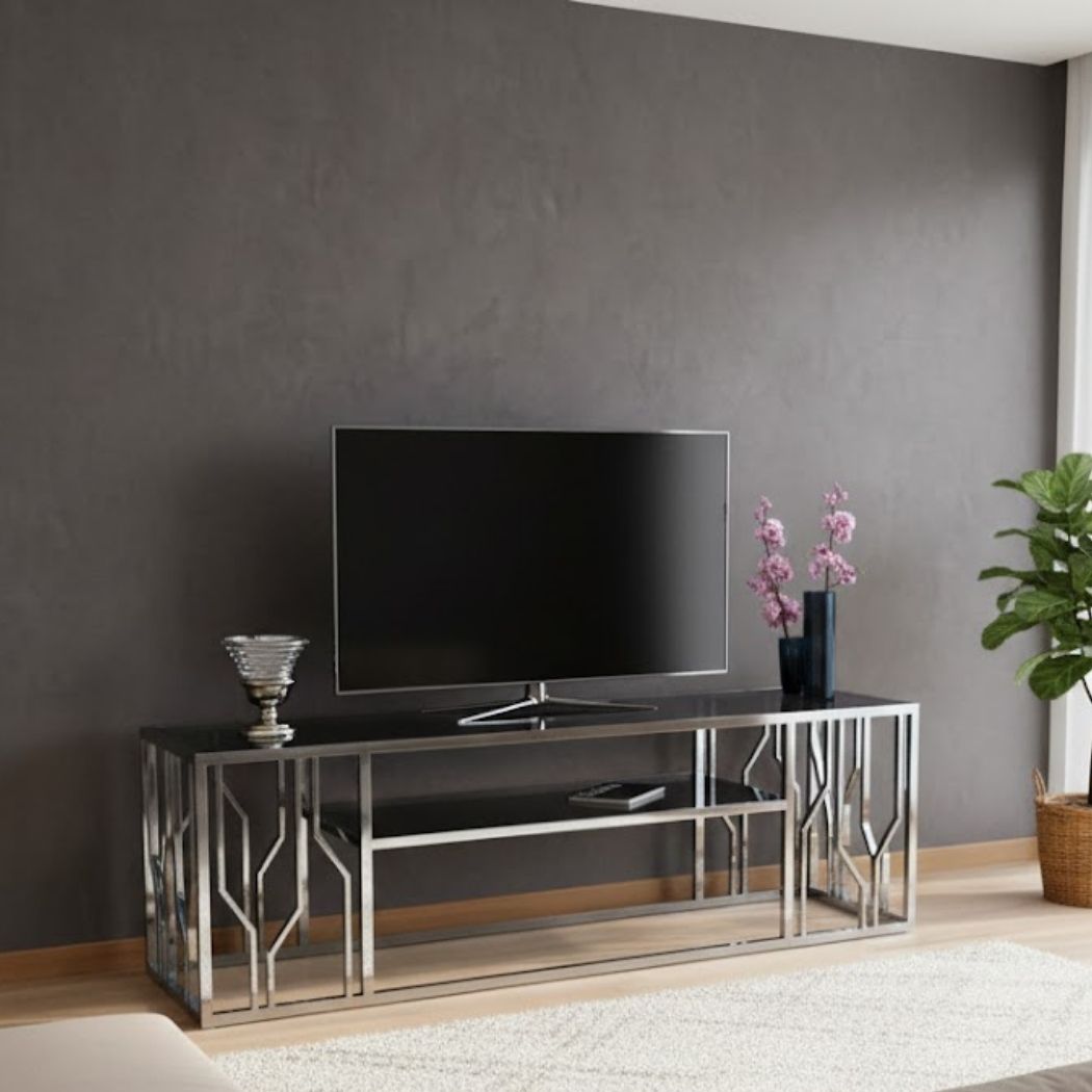 TV table with glass top and iron frame for modern decor REL-048
