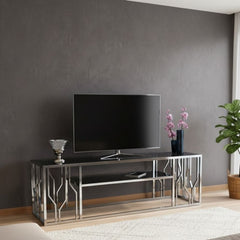 TV table with glass top and iron frame for modern decor REL-048