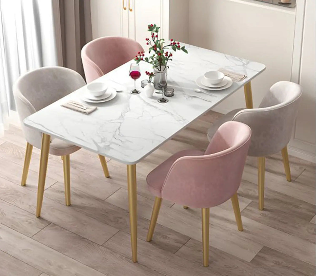 Dining table - 4 metal chairs and a white quartz marble table - LUS-148