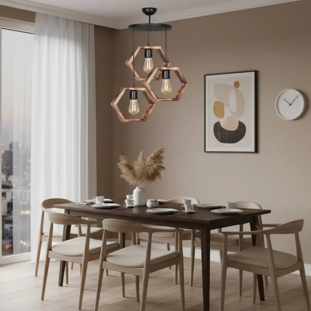 Triple Natural Wood Ceiling Pendant with Transparent Insulating Paint – Burnt Wood Style – Model SKN-031 from Oscar Furniture