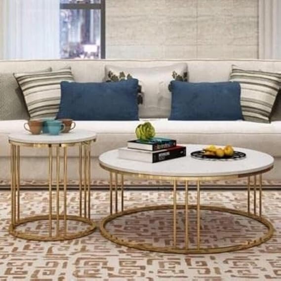 Set of steel coated coffee tables – natural Carrara marble top – double modern design – model ZSL-050