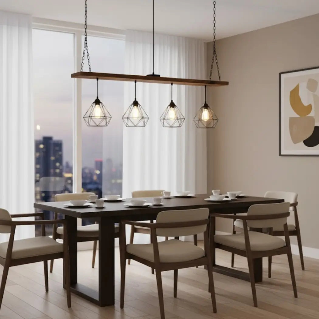 Natural wood and metal chandelier with burnt brown paint – Electrostatic rust-resistant paint – Model SKN-027 from Oscar Furniture