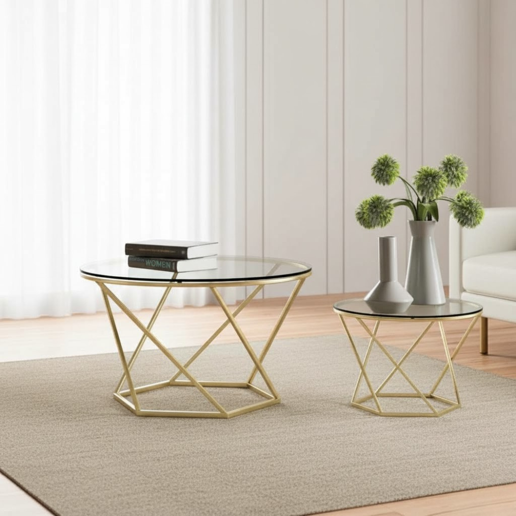 ELET-018 Round Table Set – Set of 2 Electrostatic Iron Tables with Glass in Modern Design