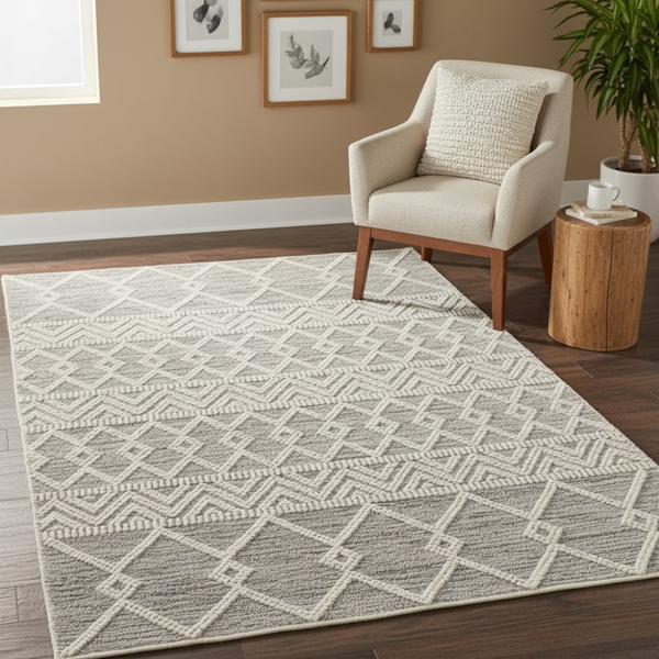 سجادة صوف يدوية الصنع باللون الرمادي – موديل KHM-008 من أوسكار فرنتشر