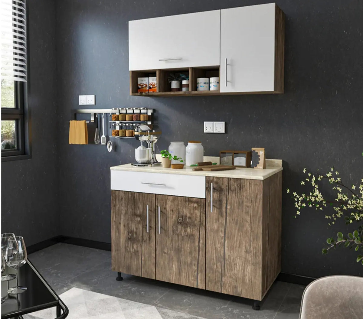 Two-piece kitchen with wood countertops and MDF wood - KYN-011