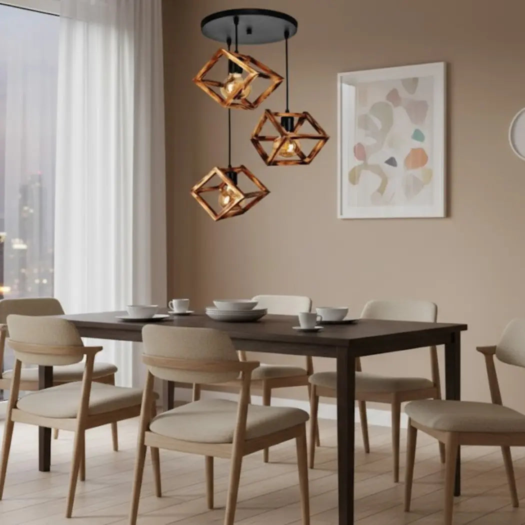 Triple Natural Wood Ceiling Pendant with Transparent Insulating Paint – Burnt Wood Style – Model SKN-029 from Oscar Furniture