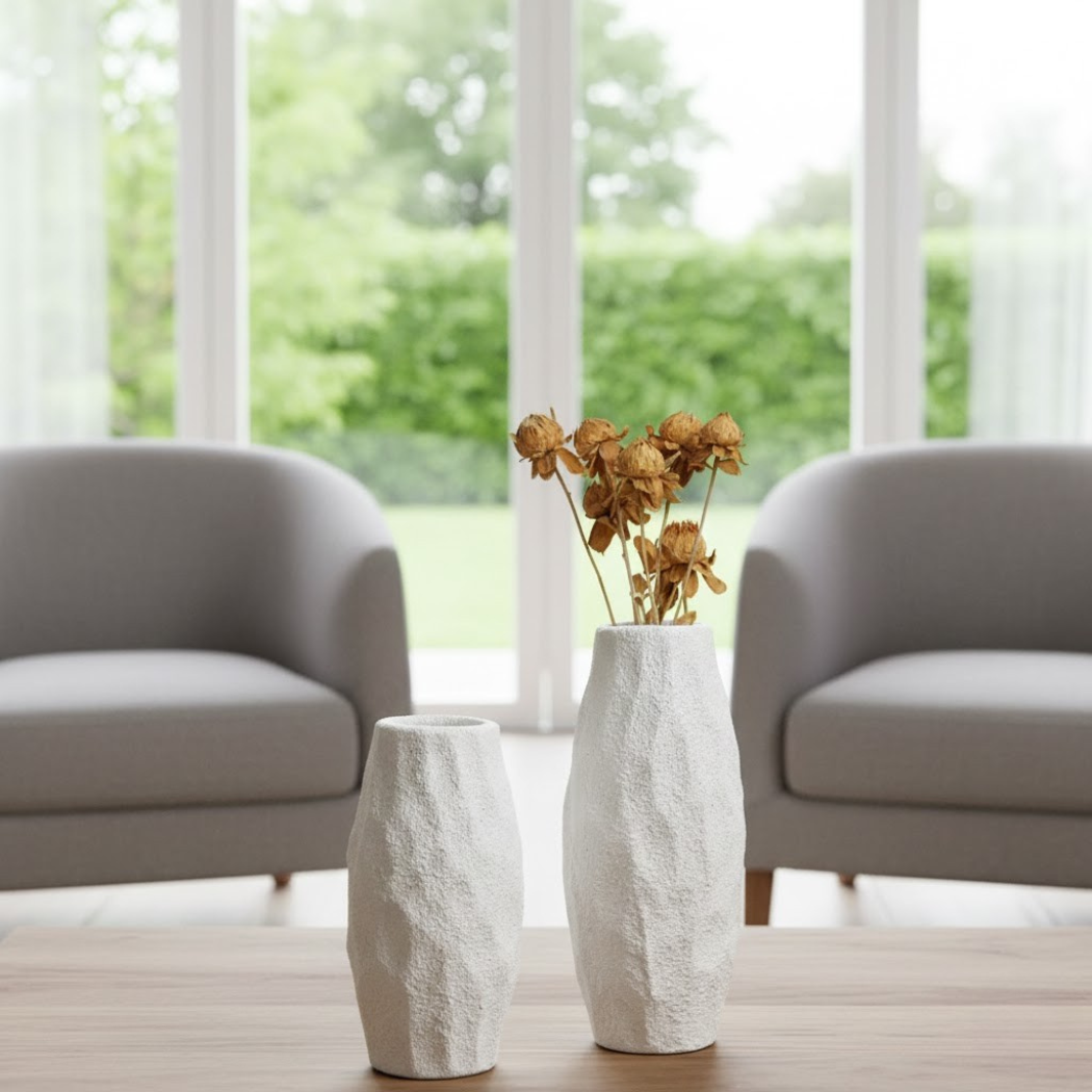 Set of 2 White Ceramic Vases for Modern Decor KHK-047