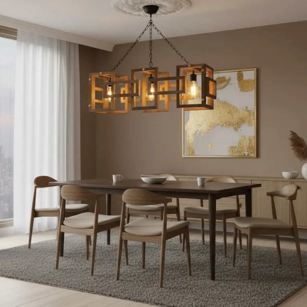 Natural wood chandelier with reddish brown paint and imported materials – Model SKN-039 from Oscar Furniture