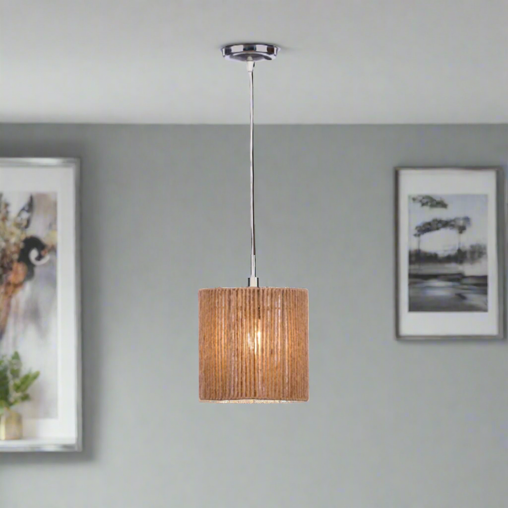 Elegant rope chandelier adds a touch of warmth and natural beauty.