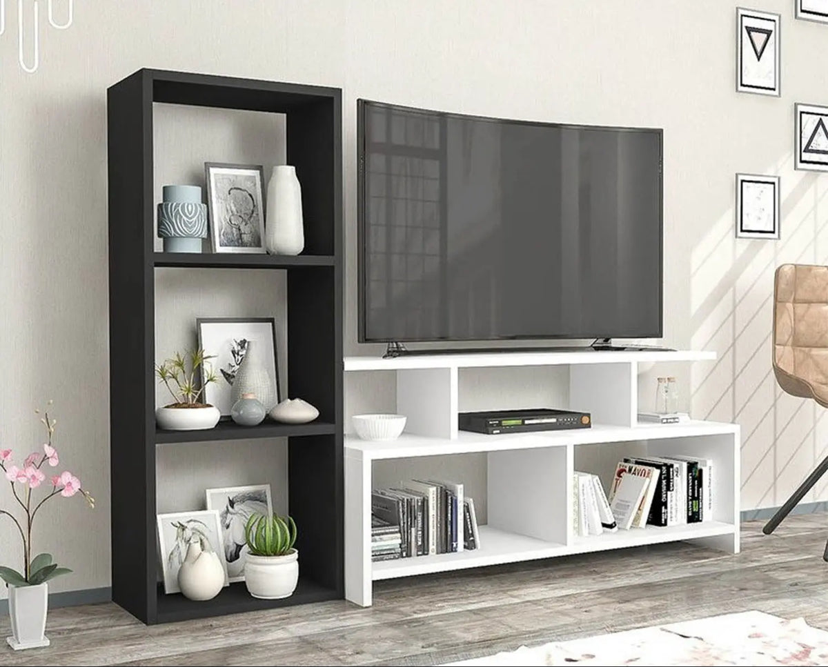 Vedala TV unit with 3 shelves and a side stand made of MDF wood