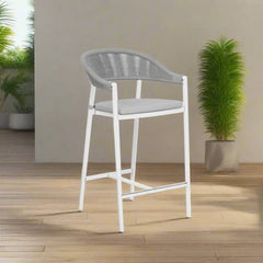 Restaurant and café chair made of powder-coated iron, tightly woven with dark gray ropes and waterproof fabric resistant to weather conditions