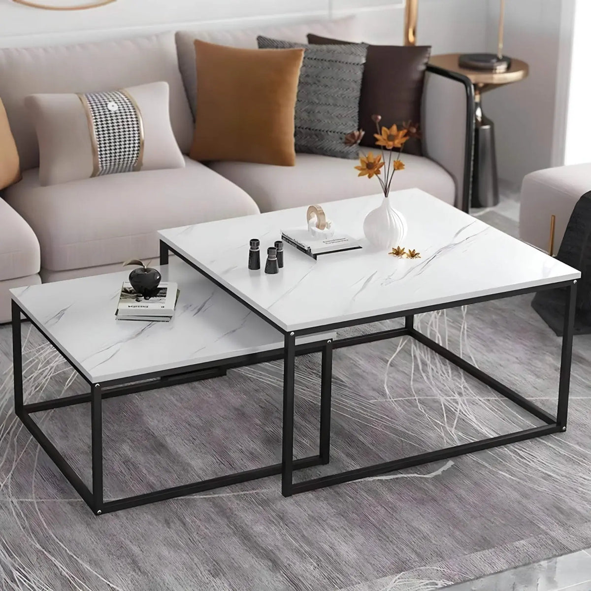 Set of Steel Coffee Tables Coated – Luxury Carrara Marble Surface – Double Modern Design – Model ZSL-038
