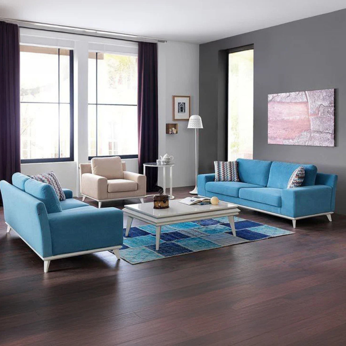 Beech wood sofa set - velor fabric - ENT-041