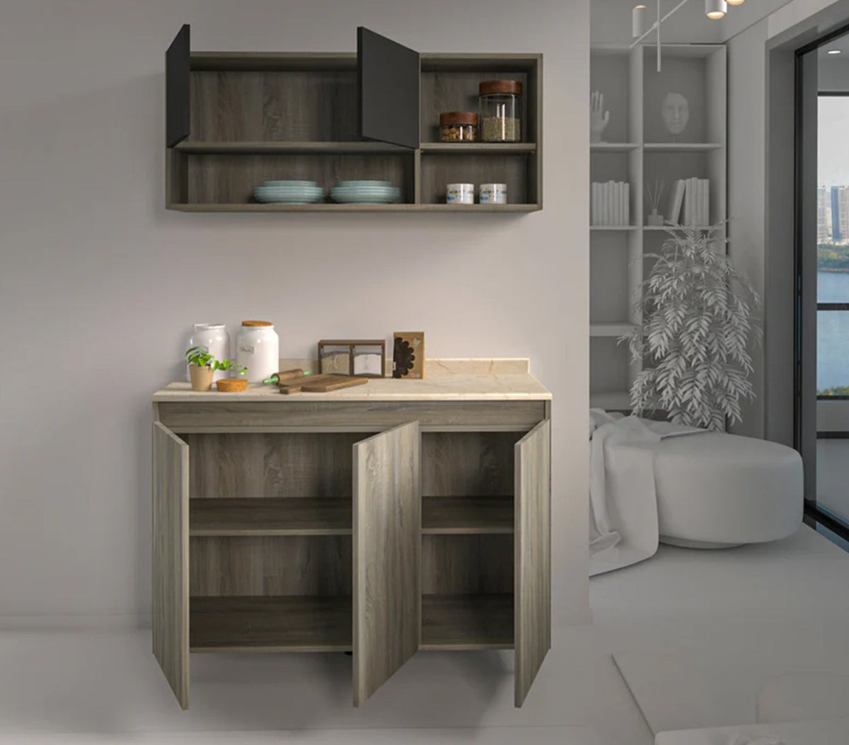 Two-piece kitchen with wood countertops and MDF wood - KYN-008