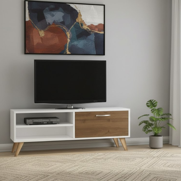 ترابيزة تلفزيون مودرن KBA-016 من خشب MDF – تصميم أنيق بمقاس 120 سم مع دلفة تخزين