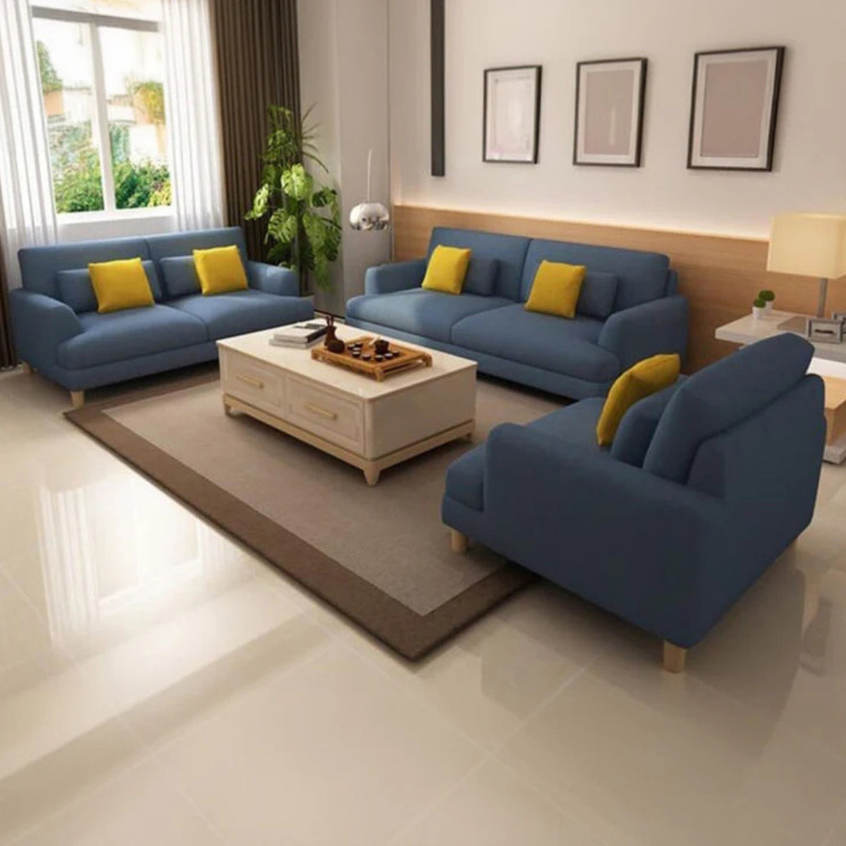 Beech wood sofa set - velor fabric - ENT-036