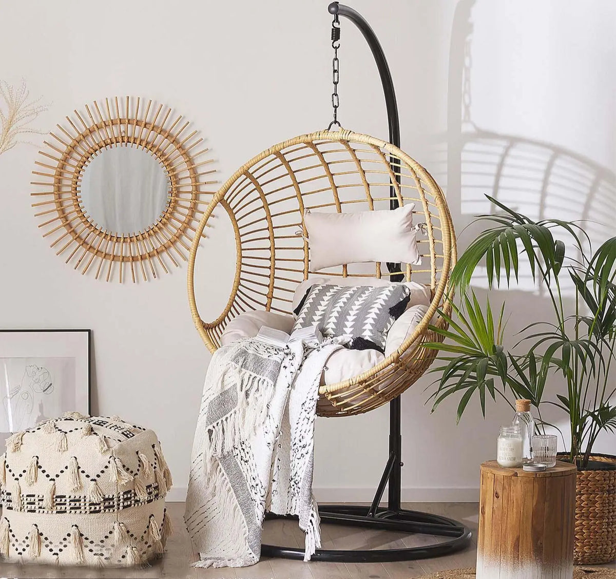 Outdoor and indoor single swing rattan pure with sturdy iron frame – beige rattan with off-white fabric upholstery