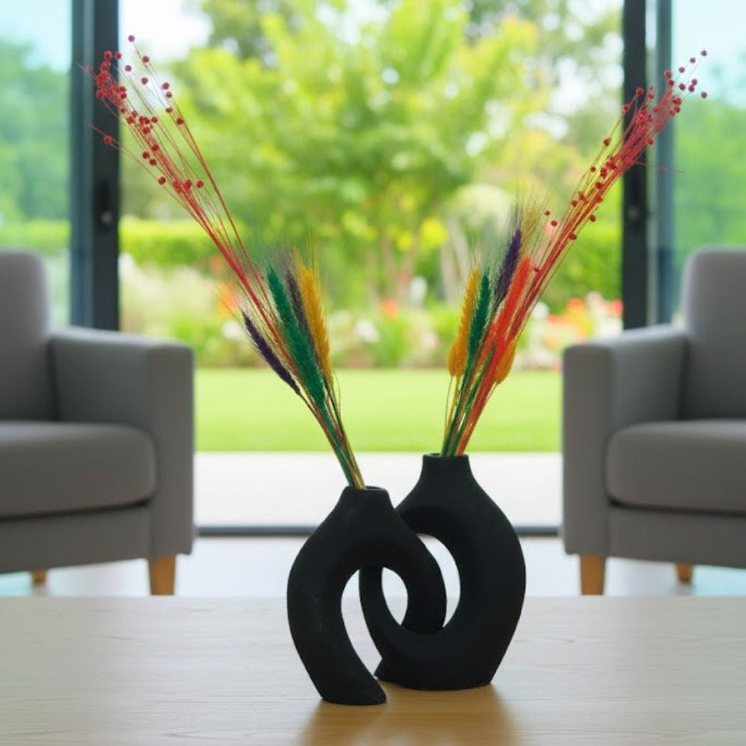 Set of 2 Black Ceramic Vases with Symmetrical Design – KHK-039