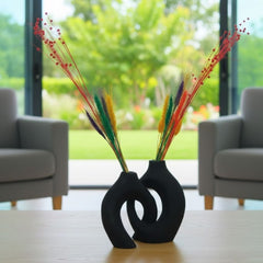 Set of 2 Black Ceramic Vases with Symmetrical Design – KHK-039