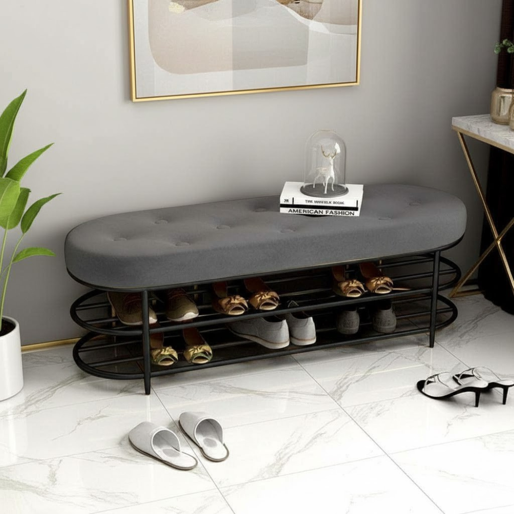 Modern Bench ELET-042 – Electrostatic Coated Iron with Upholstery and Decorative Fabric