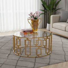 Coffee table with glass top and iron frame for modern decor REL-031