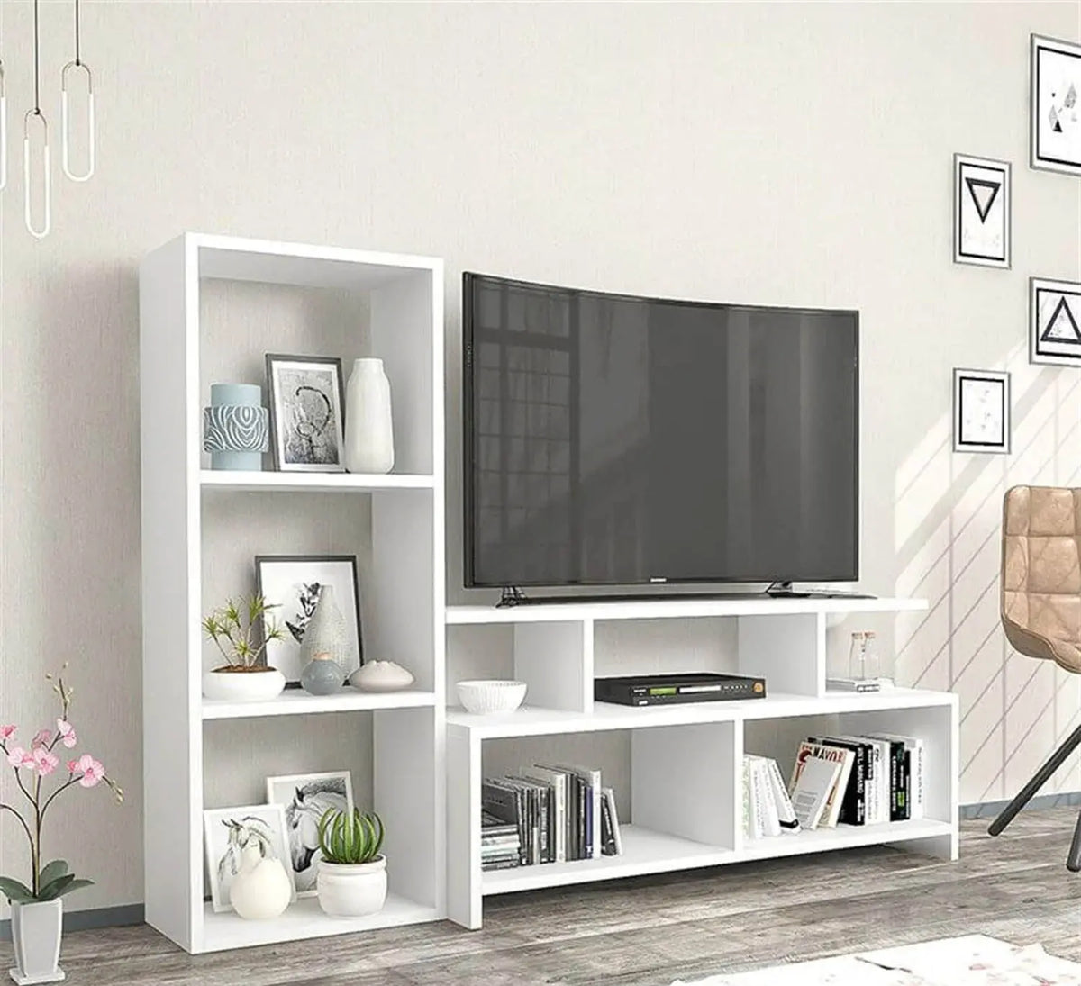 Wrenshal TV unit with 3 shelves and a side stand made of MDF wood