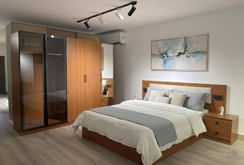 Complete Modern Bedroom Set in Counter Wood – Bed + Wardrobe + 2 Nightstands + Dresser – Model ABG-002-A