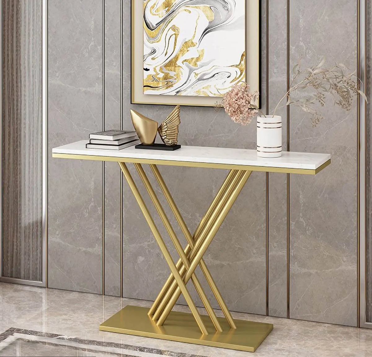 Modern console with painted iron materials and Carrara marble – Elegant design