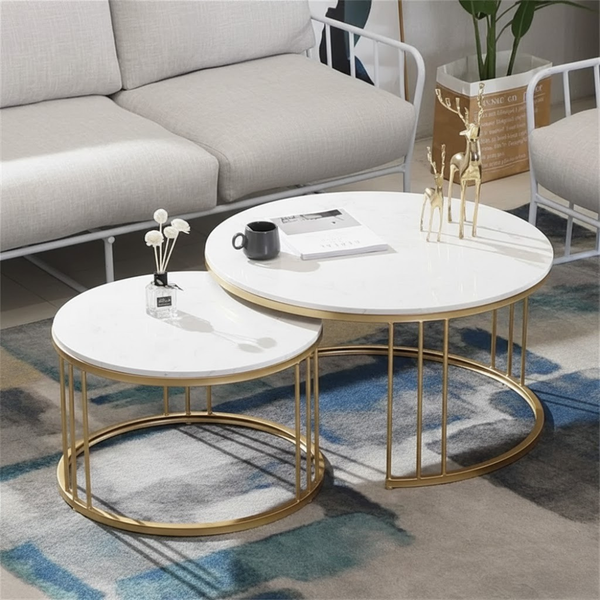 طقم ترابيزات قهوة استيل مطلي – سطح رخام كرّارة طبيعي – تصميم عصري أنيق – موديل ZSL-053