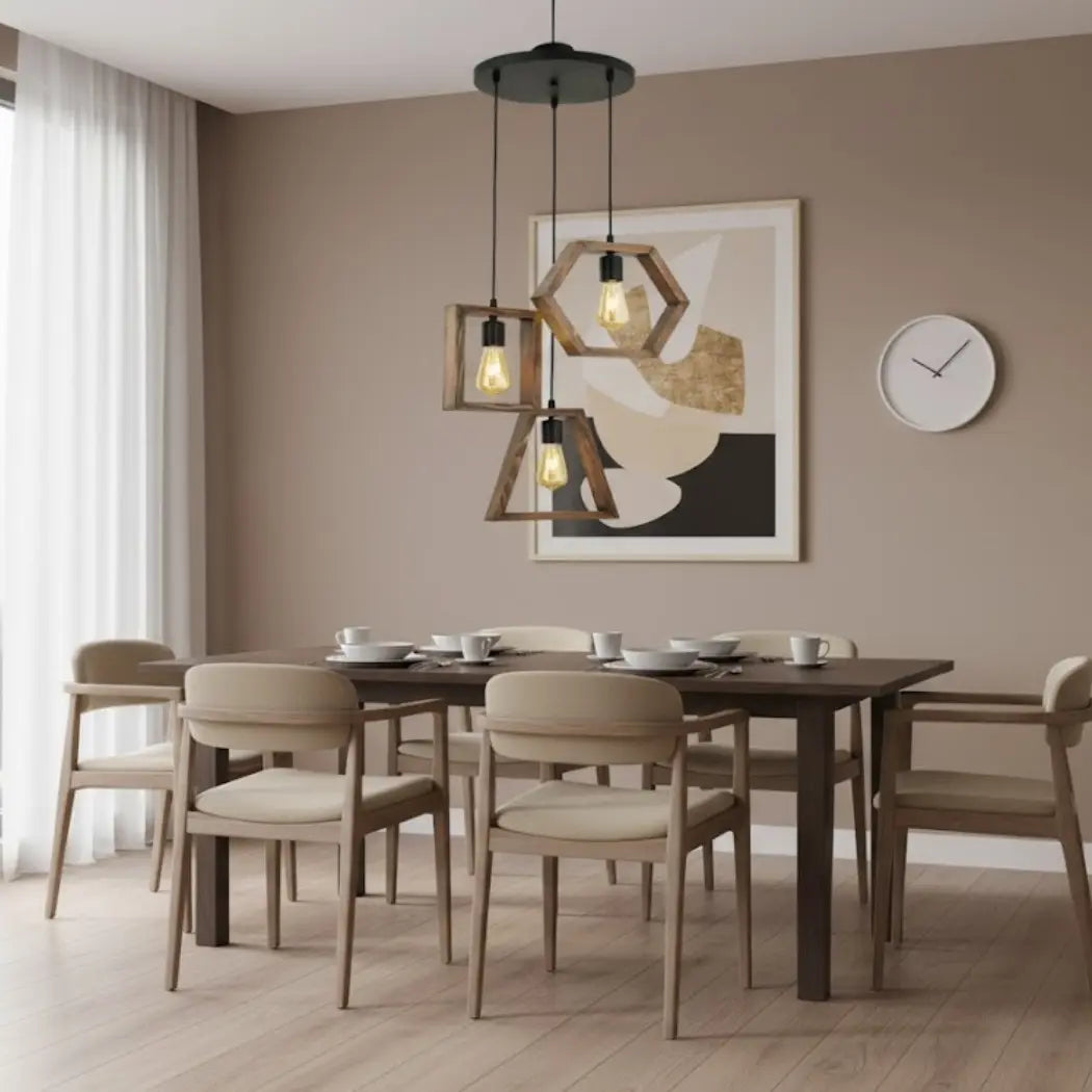Triple Natural Wood Ceiling Pendant with Transparent Insulating Paint – Burnt Wood Style – Model SKN-028 from Oscar Furniture
