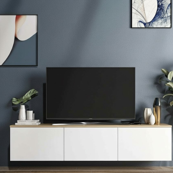 ترابيزة تلفزيون مودرن KBA-017 من خشب MDF – تصميم واسع بمقاس 160 سم مع 3 دلف تخزين