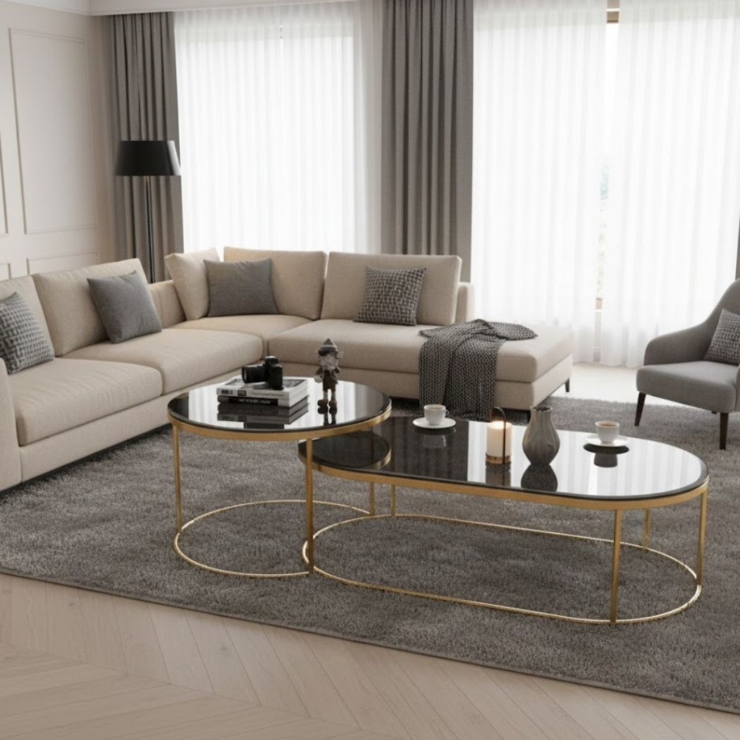 2-Piece Coffee Table Set with a Clear Black Glass Top and Iron Frame for Modern Décor REL-024